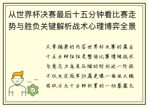 从世界杯决赛最后十五分钟看比赛走势与胜负关键解析战术心理博弈全景复盘