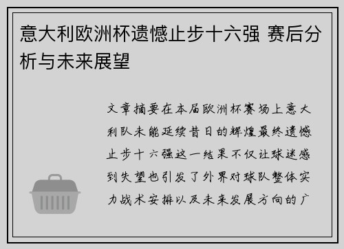意大利欧洲杯遗憾止步十六强 赛后分析与未来展望 意大利欧洲杯遗憾止步十六强 赛后分析与未来展望